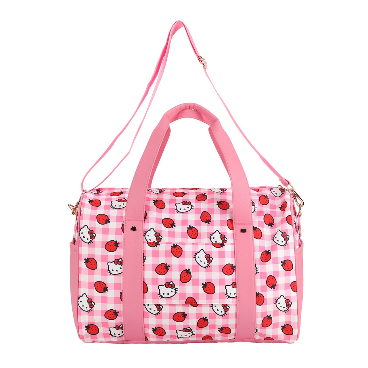 Hello Kitty Character & Strawberries All-Over Print Pink Plaid 20" Duffel Bag